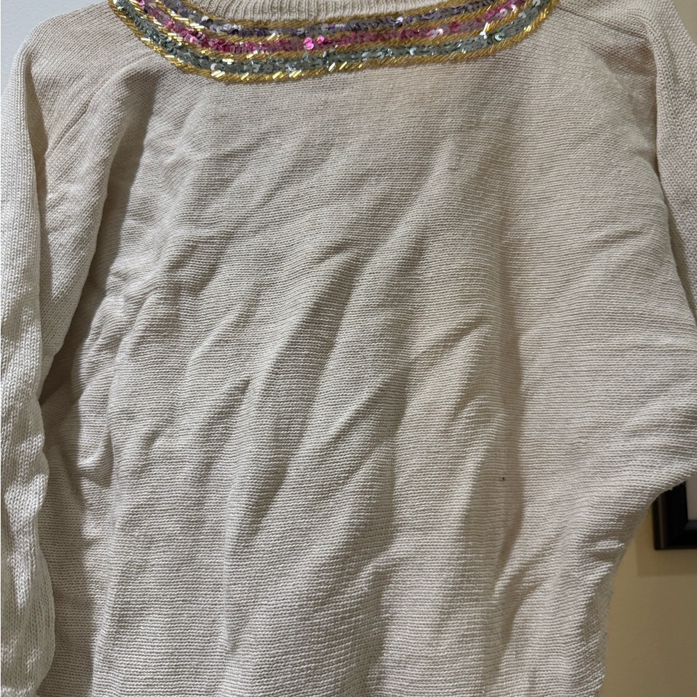 Women’s 90s Vintage Rainbow Sequined Bow Victoria Harbour V-Neck Sweater, size M